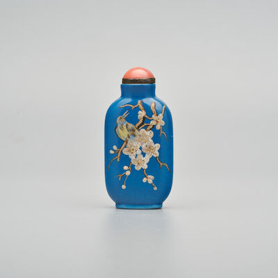 AN ENAMELLED YIXING 'MAGPIE AND PRUNUS' SNUFF BOTTLE 19th century