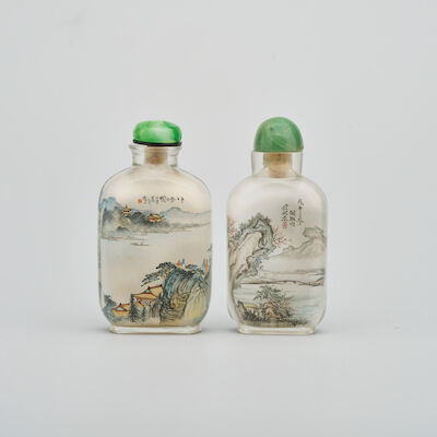 TWO INSIDE PAINTED GLASS 'LANDSCAPE' SNUFF BOTTLES Dated by inscription 1967 and 1978 (2)
