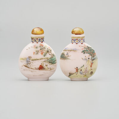 TWO ENAMELLED MILKY GLASS SNUFF BOTTLES Qianlong and Guyuexuan marks, Republic Period (2)