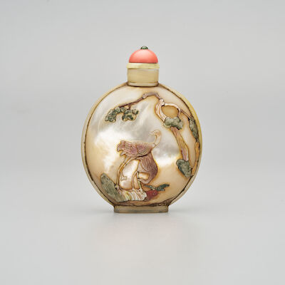 A MOTHER-OF-PEARL 'CRANE AND PINE' SNUFF BOTTLE Qianlong four-character mark, late Qing Dynasty