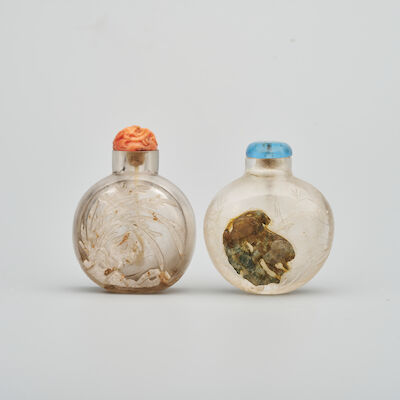 TWO ROCK CRYSTAL 'ORCHID' AND 'BUDDHIST LION' SNUFF BOTTLES 19th century (2)