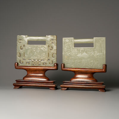 TWO GREEN JADE 'LONGEVITY' PLAQUES 19th century (2)