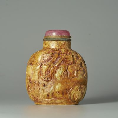 A GREEN AND RUSSET JADE 'LANDSCAPE AND PLUM BLOSSOM' SNUFF BOTTLE The Master of Rocks School, 1730-1850
