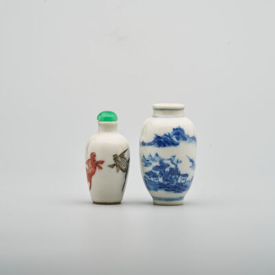 A BLUE AND WHITE 'LANDSCAPE' AND A POLYCHROME 'GOLDFISH' SNUFF BOTTLE The 'landscape' with four character Guanyao mark, Daoguang Period and later (2)