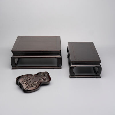 TWO ZITAN SCHOLAR'S STANDS, A GOURD SHAPED BOX AND COVER 20th century (3)