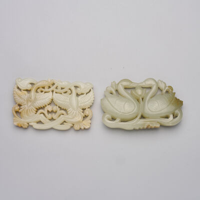 TWO GREENISH WHITE JADE 'DOUBLE DUCK' PLAQUES Ming Dynasty style (2)