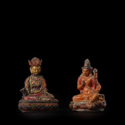 TWO POLYCHROMED CLAY FIGURES OF PADMASAMBAVA AND TSANGNYON HERUKA BHUTAN, 18TH/19TH CENTURY