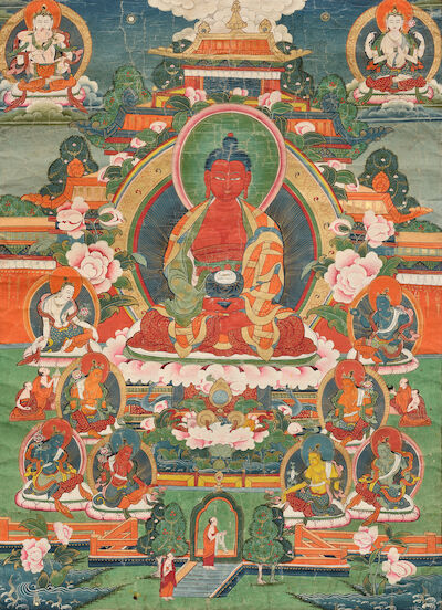 A THANGKA OF AMITABHA IN SUKHAVATI HEAVEN TIBET, 19TH CENTURY