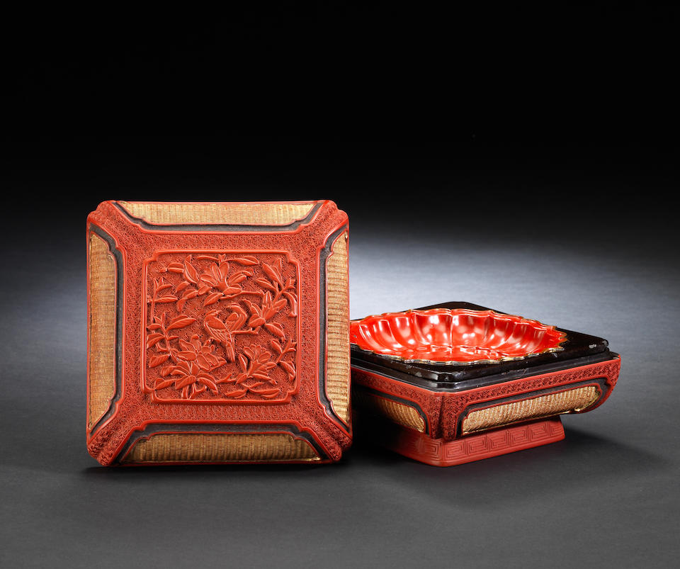 A rare cinnabar lacquer 'basketweave' square box, tray and cover Late Ming Dynasty, early 17th century (3)