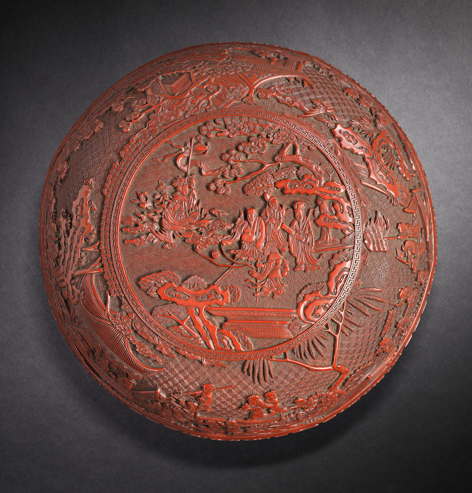 A rare large cinnabar lacquer 'Hundred Boys, Xiwangmu and Daoist Immortals' box and cover Late Ming Dynasty (3)