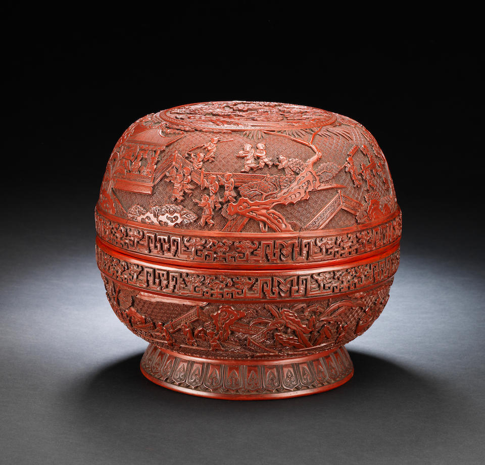 A rare large cinnabar lacquer 'Hundred Boys, Xiwangmu and Daoist Immortals' box and cover Late Ming Dynasty (3)