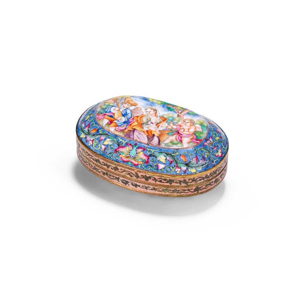 A rare Imperial-tribute painted enamel 'European subject' oval snuff box and cover Red-enamelled Qianlong four-character mark and of the period