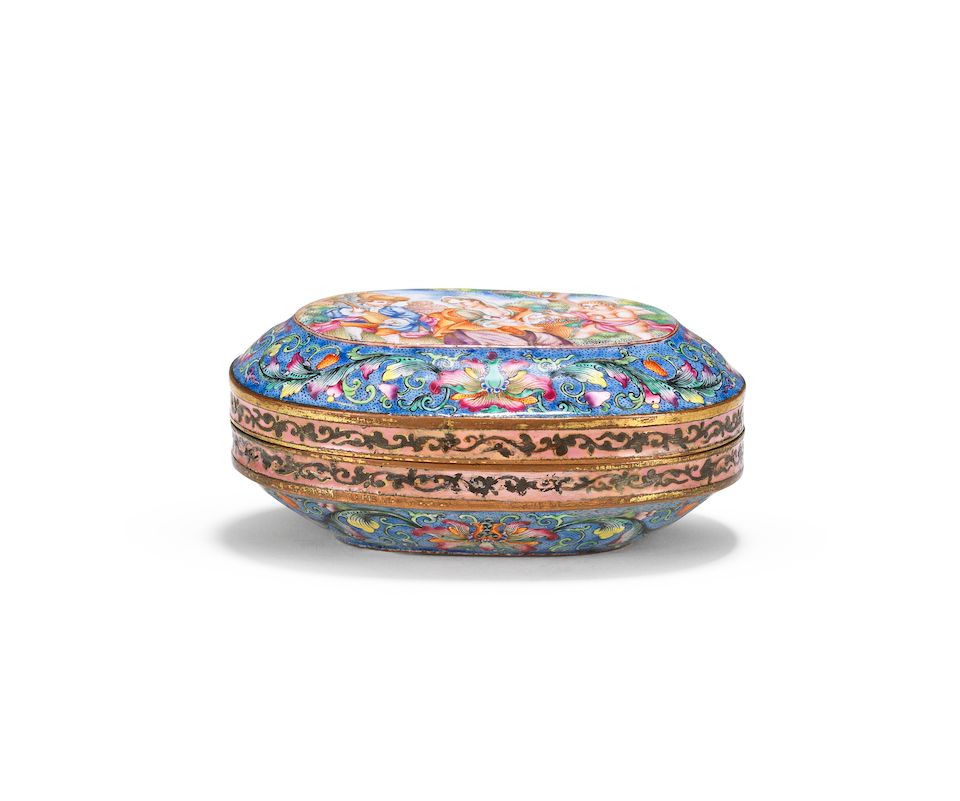A rare Imperial-tribute painted enamel 'European subject' oval snuff box and cover Red-enamelled Qianlong four-character mark and of the period