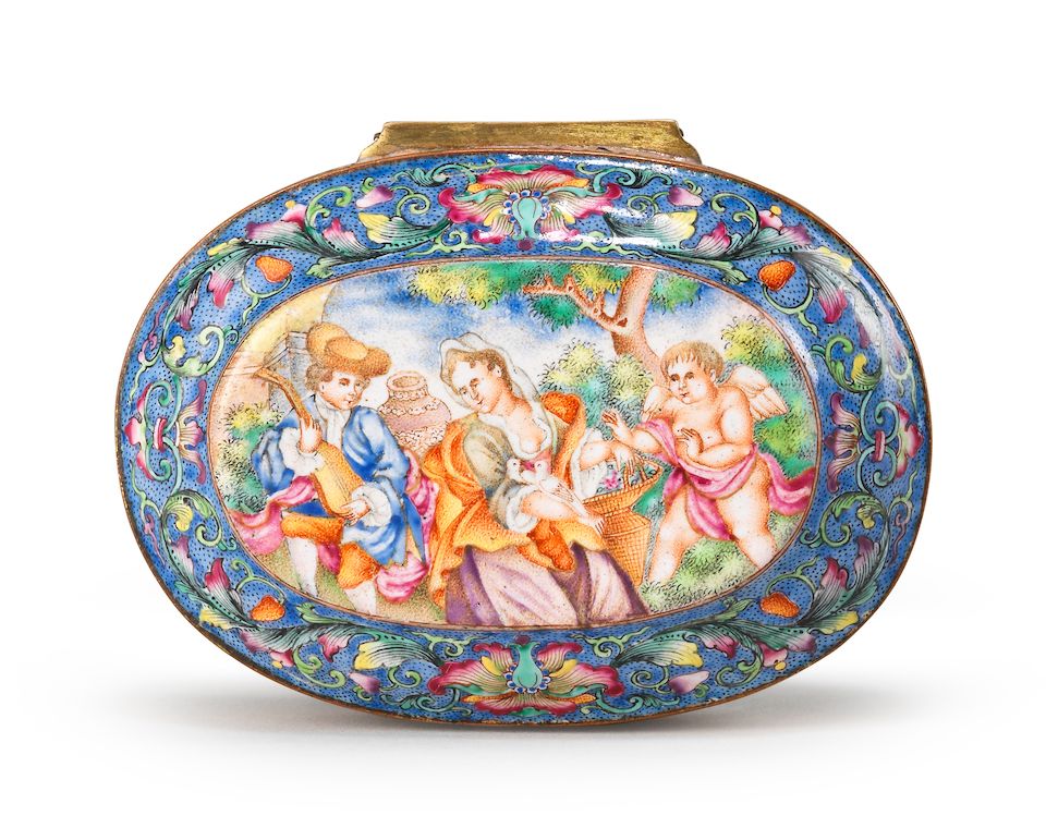 A rare Imperial-tribute painted enamel 'European subject' oval snuff box and cover Red-enamelled Qianlong four-character mark and of the period