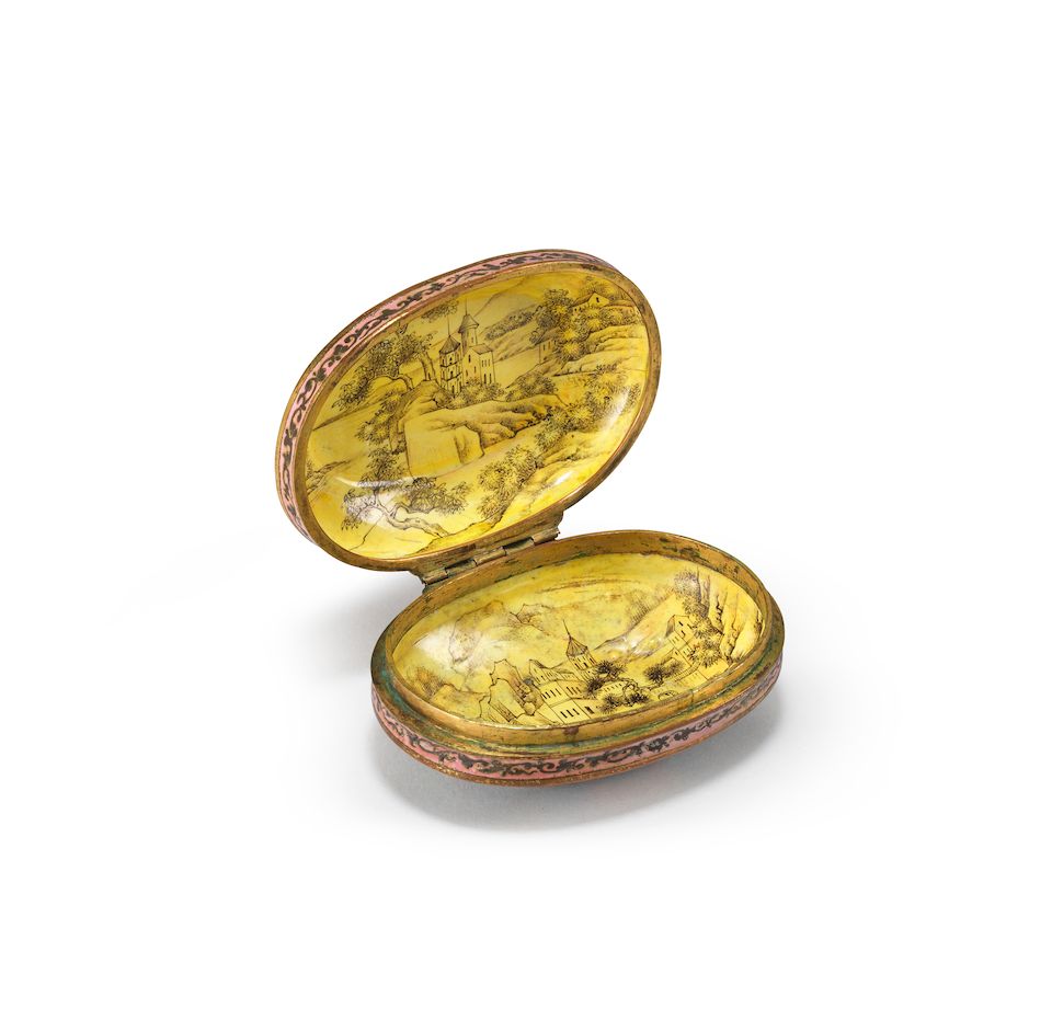 A rare Imperial-tribute painted enamel 'European subject' oval snuff box and cover Red-enamelled Qianlong four-character mark and of the period