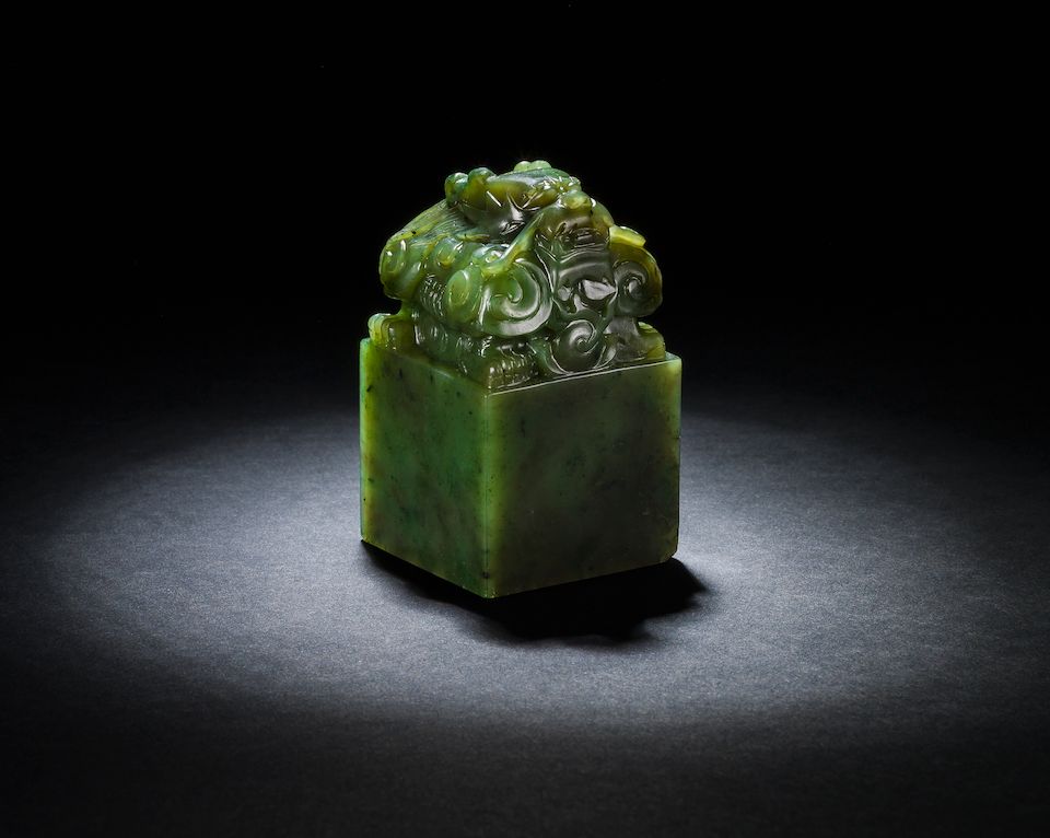 An important imperial spinach-green jade 'shui mu zhan qing hua' seal Jiaqing