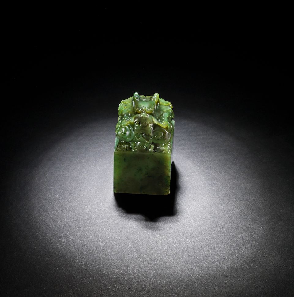 An important imperial spinach-green jade 'shui mu zhan qing hua' seal Jiaqing