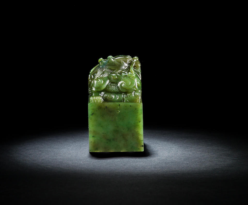 An important imperial spinach-green jade 'shui mu zhan qing hua' seal Jiaqing