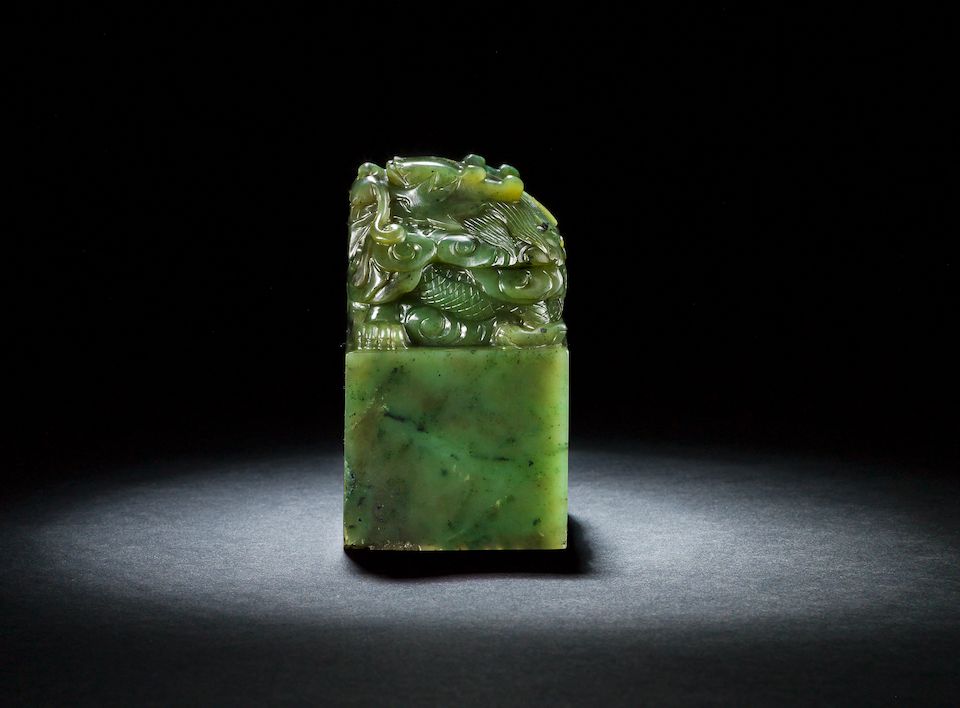 An important imperial spinach-green jade 'shui mu zhan qing hua' seal Jiaqing
