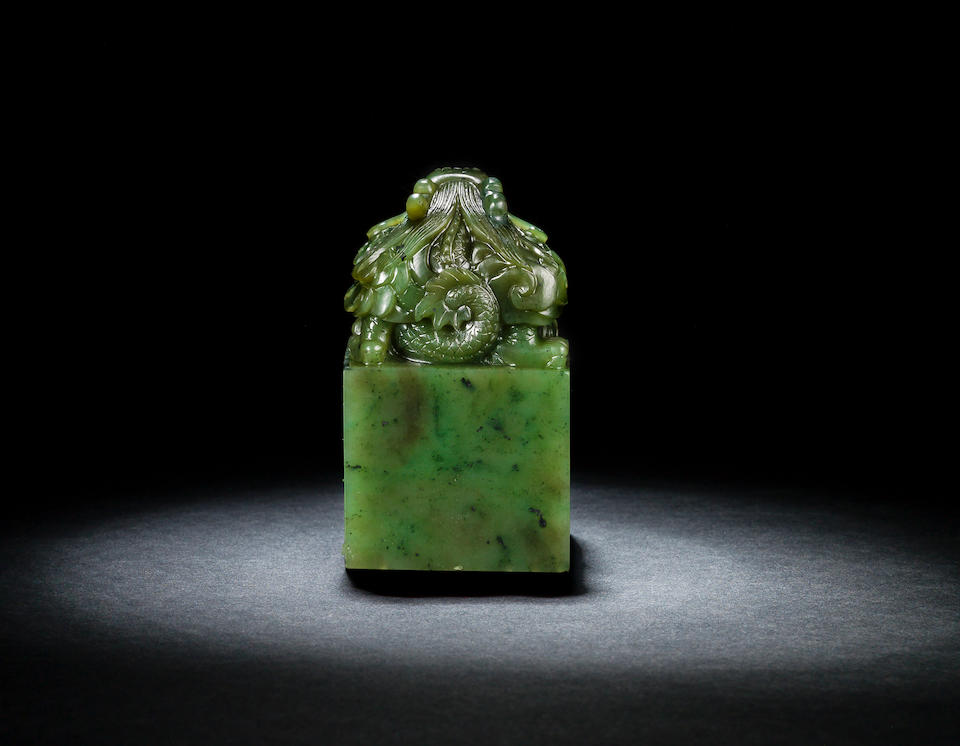 An important imperial spinach-green jade 'shui mu zhan qing hua' seal Jiaqing