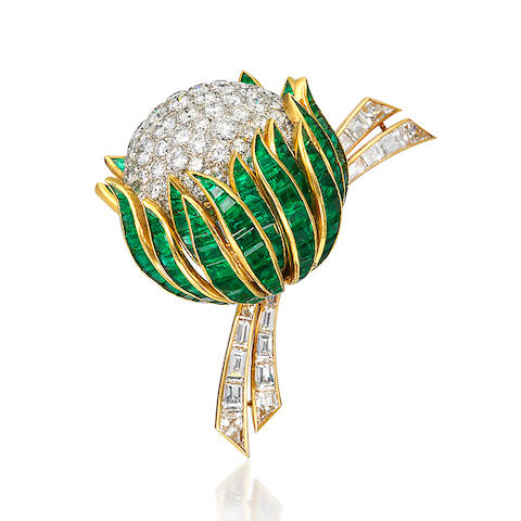 Bonhams : An emerald and diamond brooch, by Van Cleef and Arpels,