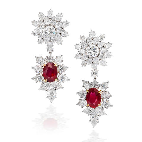 Bonhams : An important pair of ruby and diamond pendent earrings