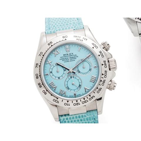 Rolex. An unusual 18K white gold and turquoise dial automatic chronograph wristwatchDaytona "Beach", Ref: 116519, Case No.P436762, Sold 5th April 2001