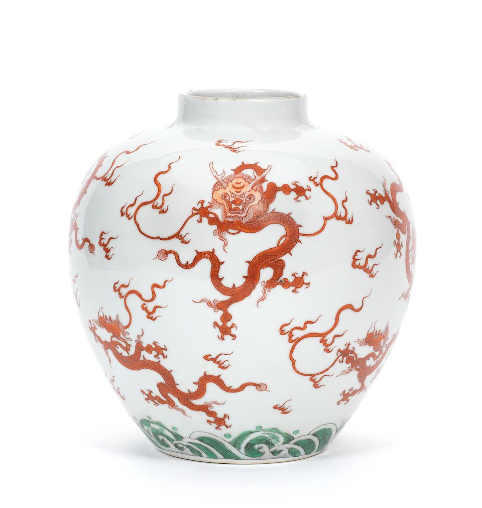 A very rare pair of iron-red and green-enamelled ovoid jars Yongzheng six-character marks and of the period (2)