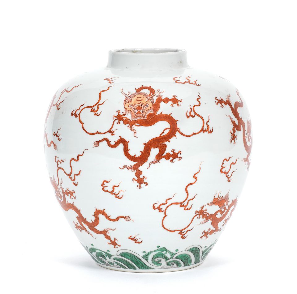 A very rare pair of iron-red and green-enamelled ovoid jars Yongzheng six-character marks and of the period (2)