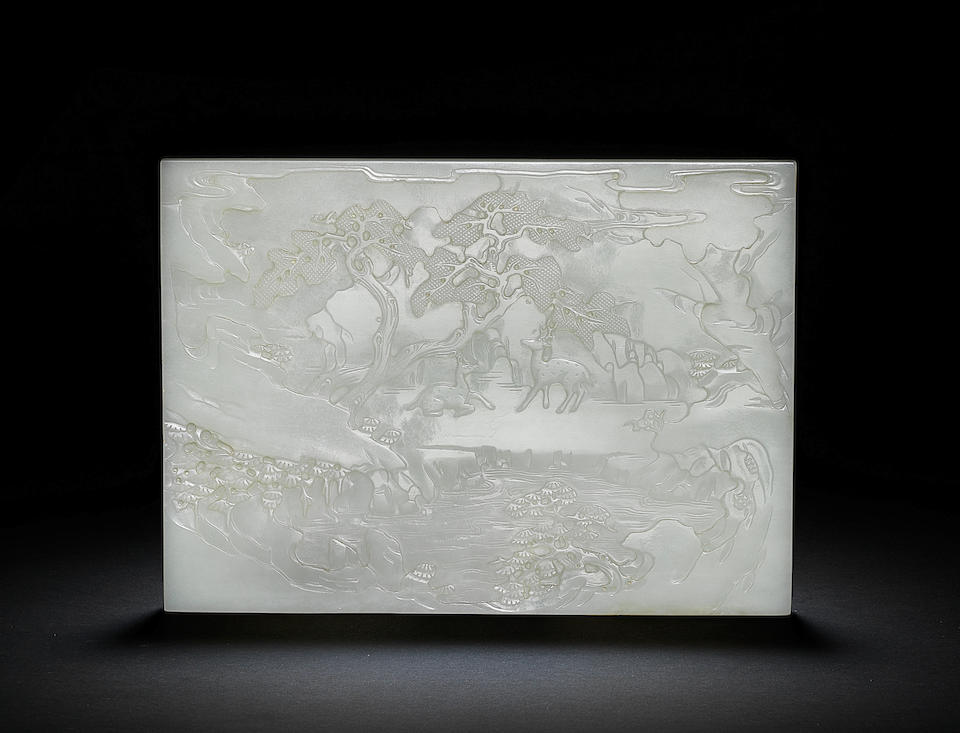 A rare white jade double-sided screen Qianlong 23.5cm x 17cm (9 1/4in x 6 3/4in) 2