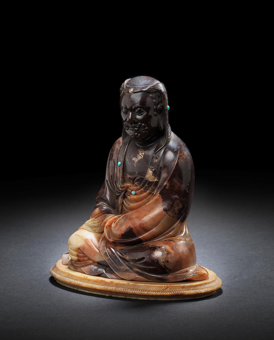 A rare soapstone figure of the luohan Ajita By Zixiu, incised two-character mark, 17th century