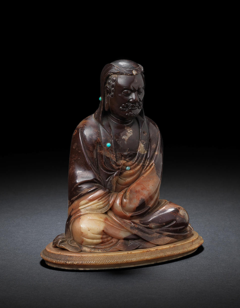 A rare soapstone figure of the luohan Ajita By Zixiu, incised two-character mark, 17th century