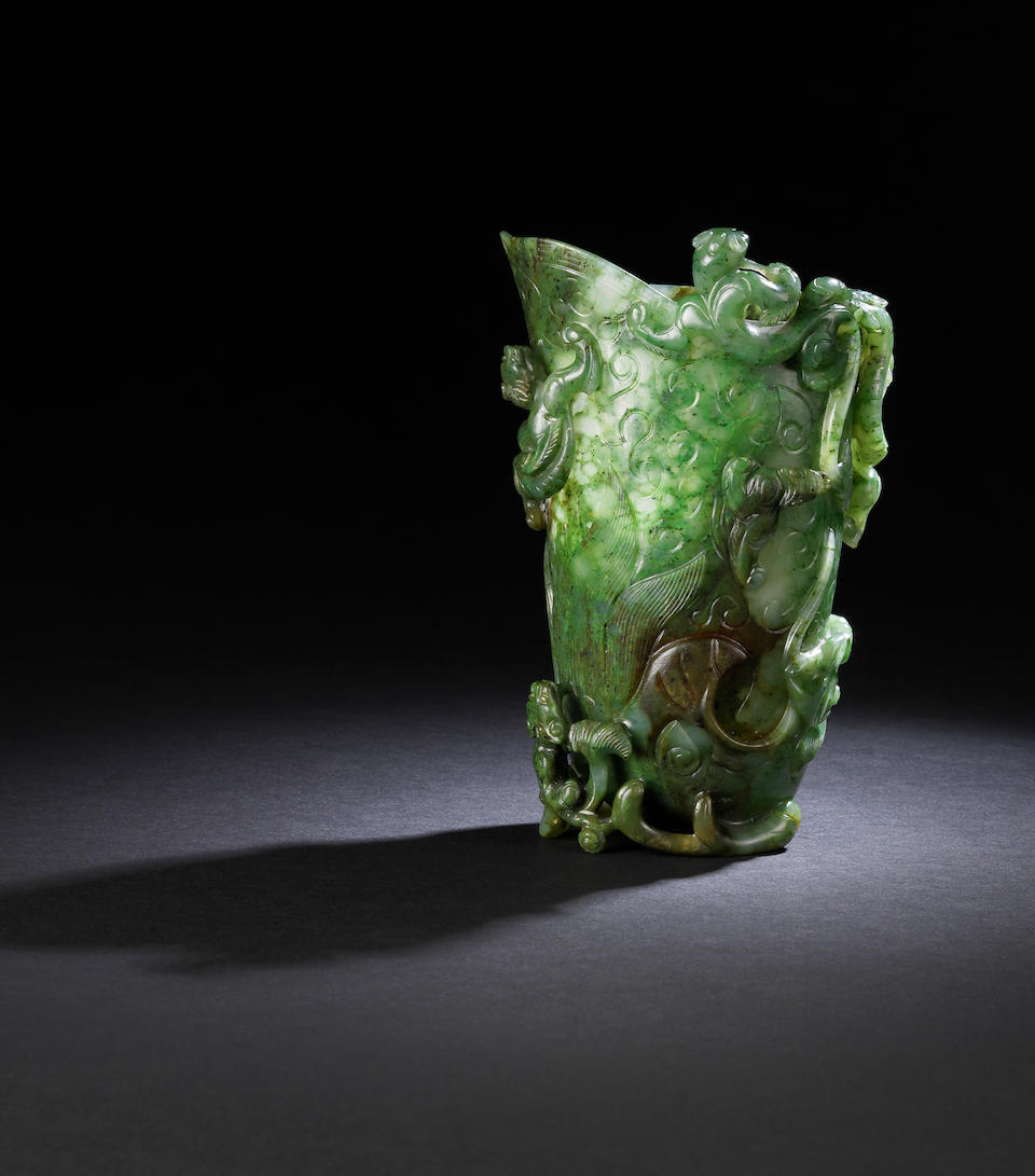 Bonhams : A fine spinach-green jade archaistic 'five-chilong' rhyton ...