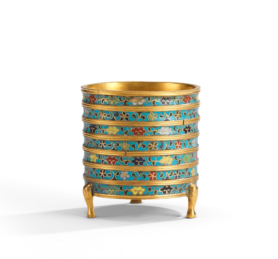 A rare gilt-bronze and cloisonné enamel ribbed incense burner Late Ming Dynasty