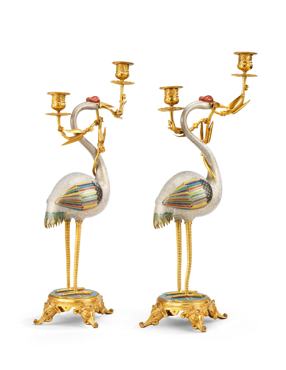 A fine pair of cloisonn&#233; enamel cranes Mid-Qing Dynasty, with French Barbedienne-style gilt-bronze mounts (2)