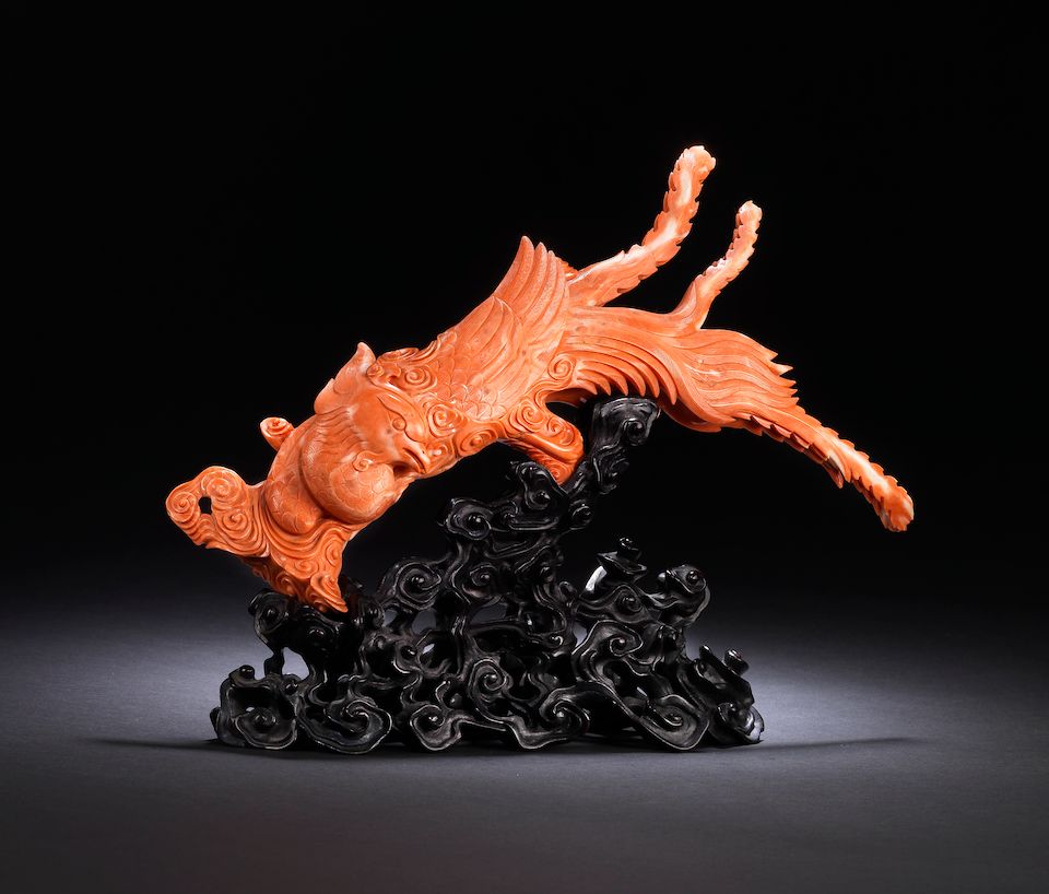 A rare red coral carving of a phoenix amidst clouds Qing Dynasty (2)