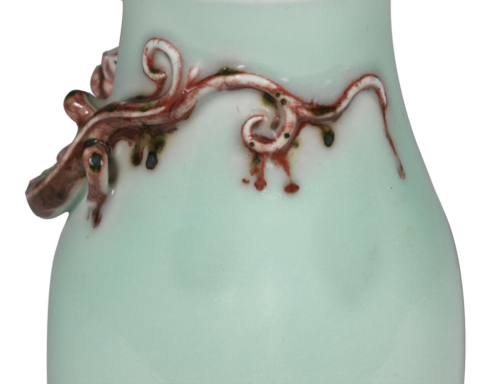 A very rare Imperial celadon and copper-red glazed 'chilong' vase, zun Qianlong seal mark and of the period