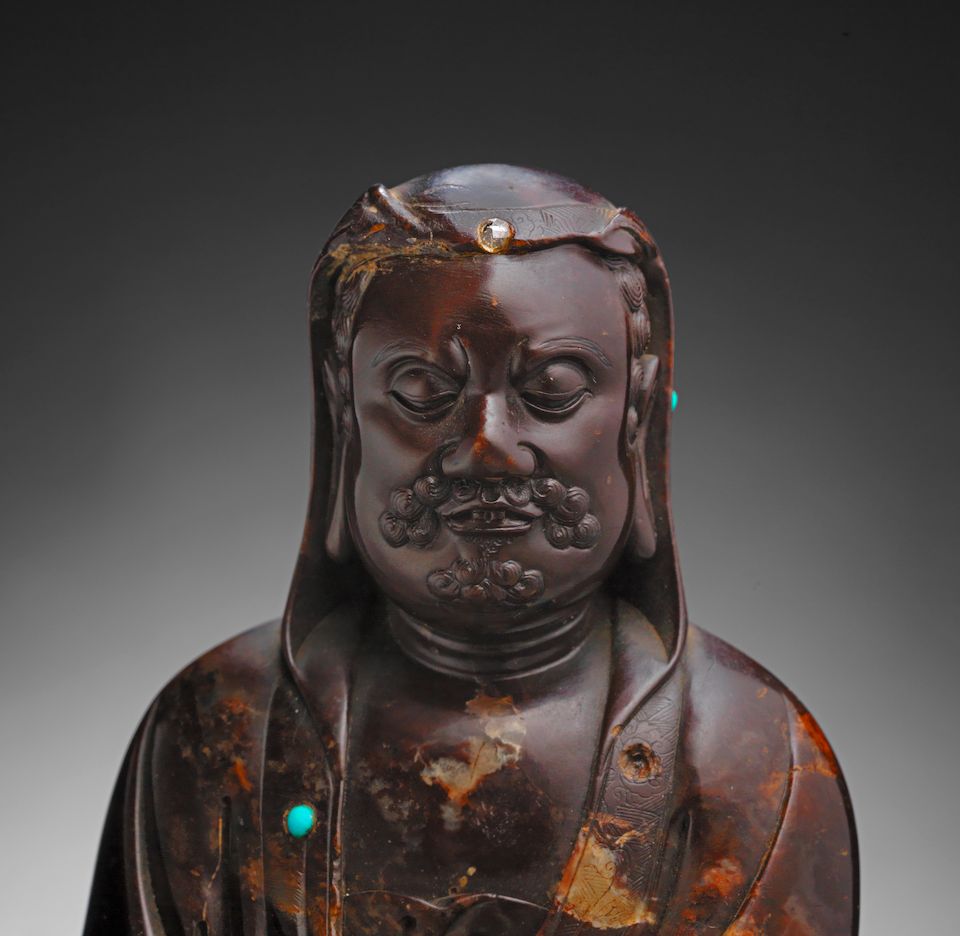 A rare soapstone figure of the luohan Ajita By Zixiu, incised two-character mark, 17th century