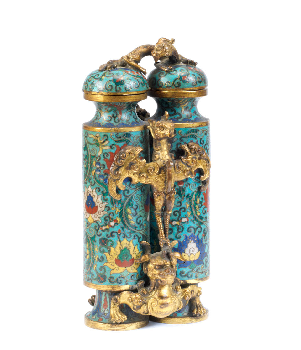 A rare gilt-bronze and cloisonn&#233; enamel 'champion' vase and cover 18th century (2)
