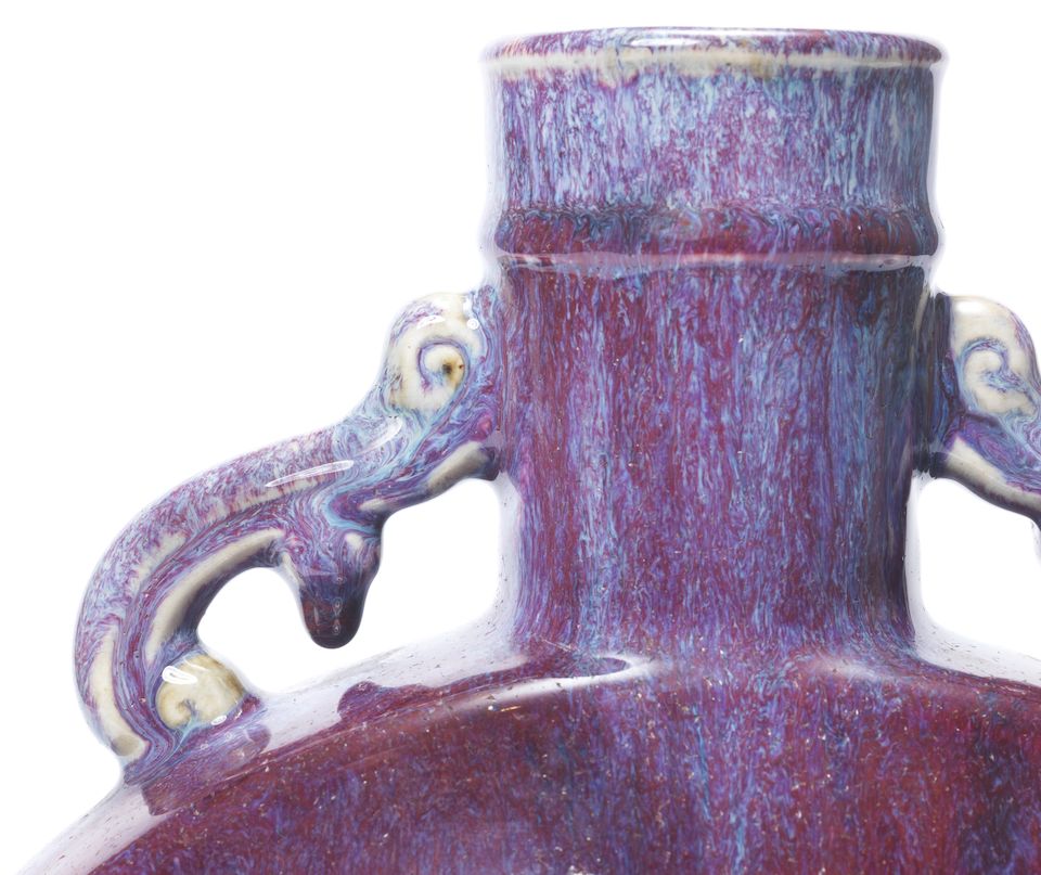 An exceptionally rare imperial flambé-glazed 'Eight Trigrams' moonflask, bianhu Yongzheng seal mark and of the period