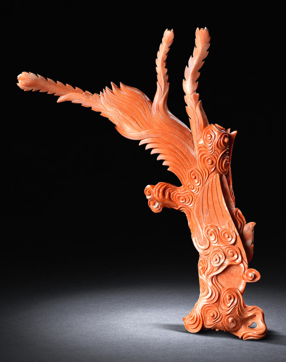 A rare red coral carving of a phoenix amidst clouds Qing Dynasty (2)