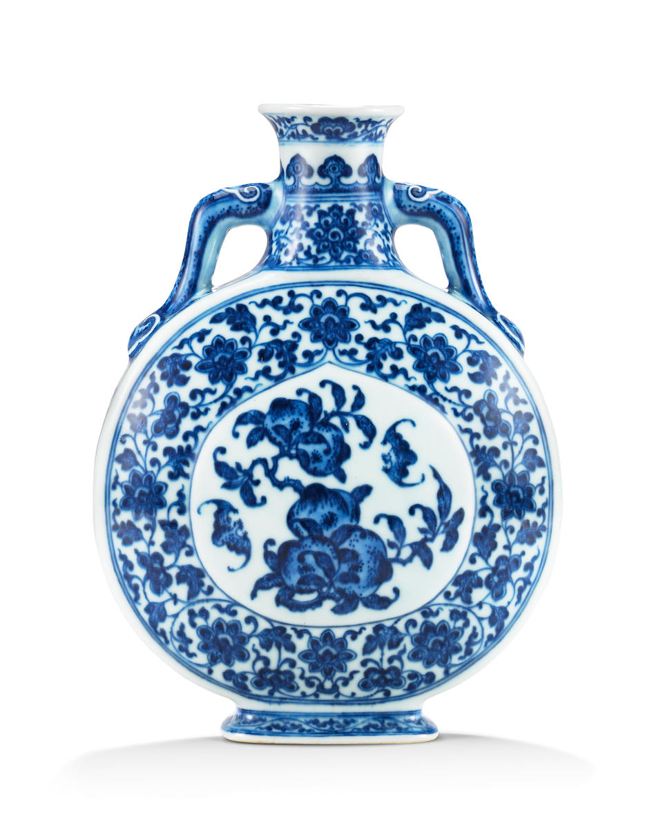 A rare imperial Ming-style blue and white 'peach' moonflask, bianhu Qianlong seal mark and of the period