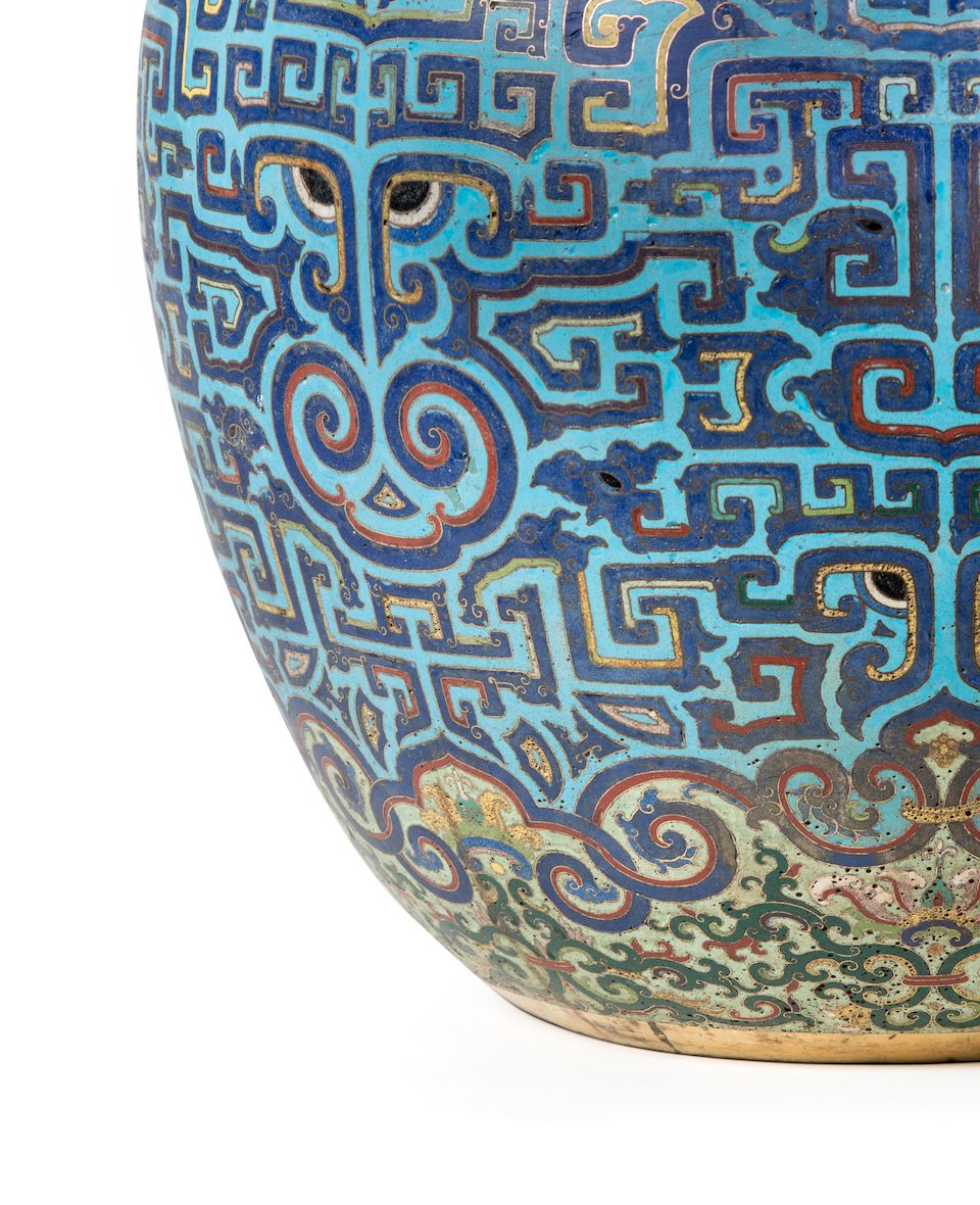 A rare and large Imperial archaistic gilt-bronze and cloisonné enamel vase, zun Qianlong