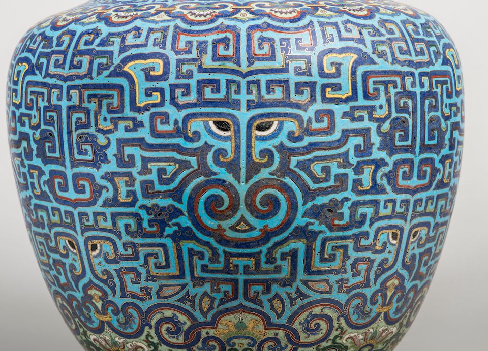 A rare and large Imperial archaistic gilt-bronze and cloisonné enamel vase, zun Qianlong