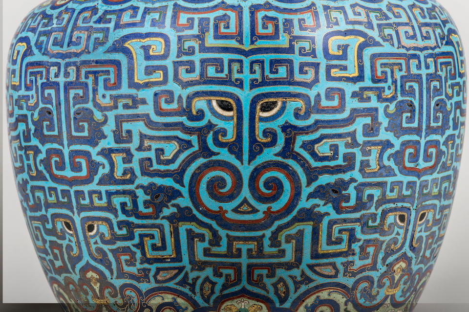 A rare and large Imperial archaistic gilt-bronze and cloisonn&#233; enamel vase, zun Qianlong