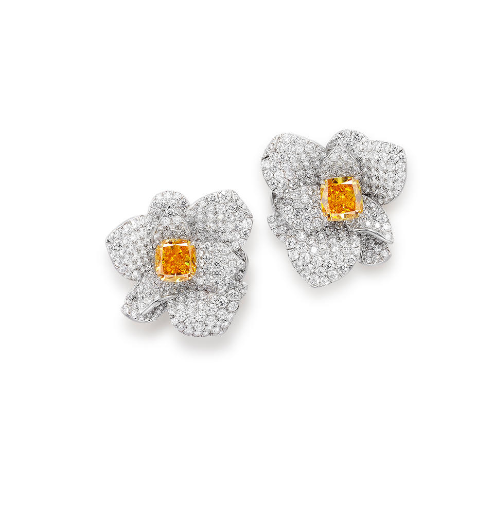 A rare pair of fancy coloured diamond and diamond earrings