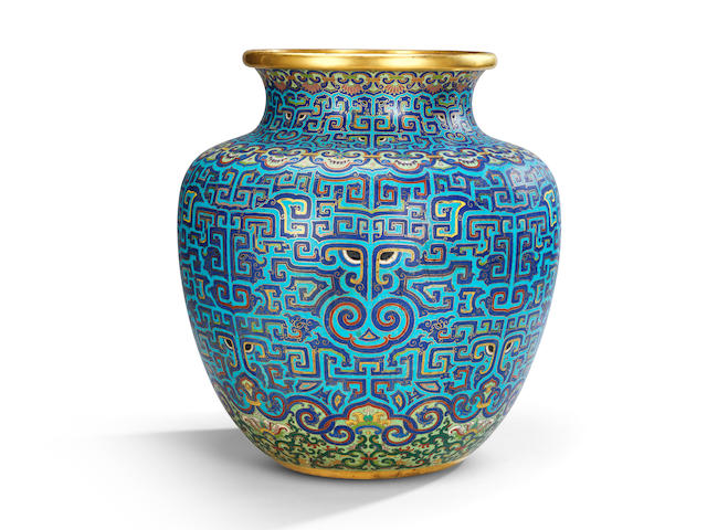 A rare and large Imperial archaistic gilt-bronze and cloisonn&#233; enamel vase, zun Qianlong