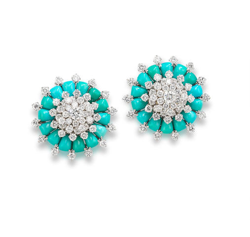 A pair of turquoise and diamond earrings,  by Van Cleef and Arpels,