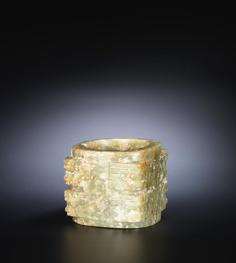A mottled green jade vessel, cong Neolithic Period, Liangzhu Culture