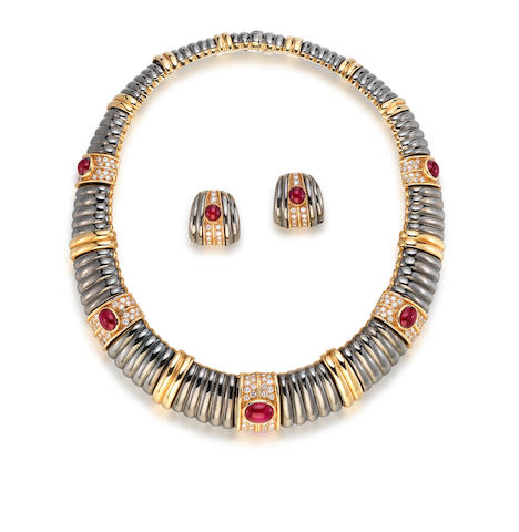 Bonhams : A Diamond, Ruby and Hematite Necklace and Earring Suite, by ...